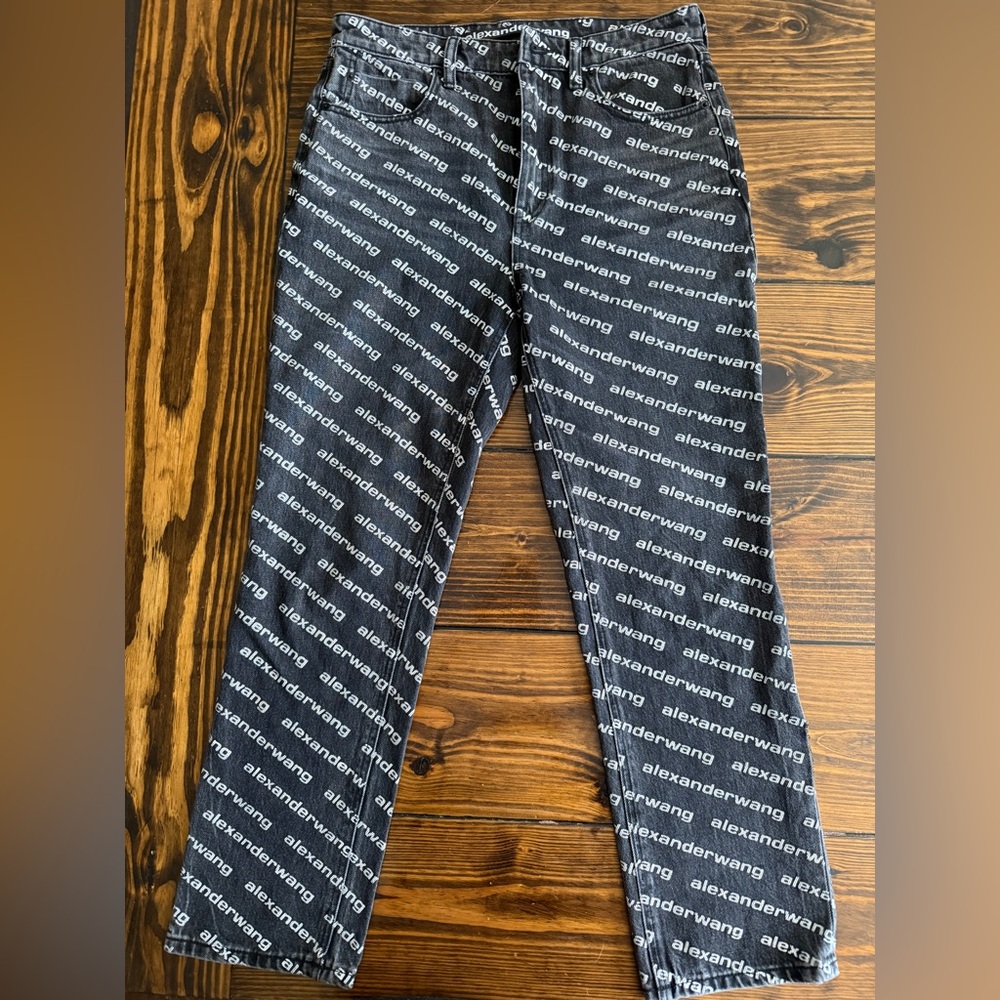 Alexander Wang High Rise Slim Logo Jeans Grey Aged White Print Size 30